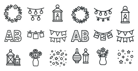 Festive decoration line icons set – outline, party, celebration symbols