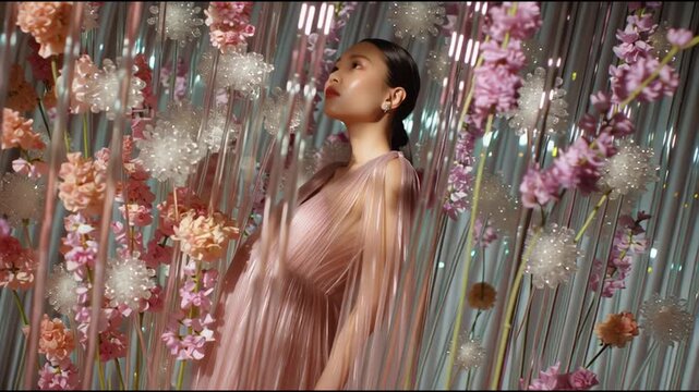 Elegant model showcases fashion amidst floral backdrop at an upscale event in a luxurious venue