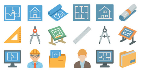 Fototapeta premium Architectural planning icons set – flat, blueprint, construction and drafting symbols
