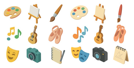 Art and music isometric icons set – creative, cultural, artistic design elements