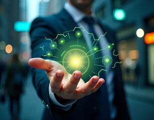 Businessman holding a glowing futuristic digital interface with technology elements in his palm
