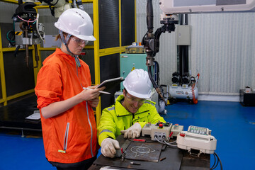 Two engineers work together in a high-tech workshop using a tablet and machinery for project...