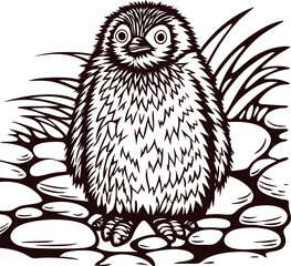 Fototapeta premium Black and white engraved illustration of fluffy baby bird standing on rocks with grass in background