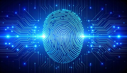 Fingerprint overlaid on circuit board, glowing blue