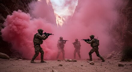 Elite Squad in Tactical Formation Amidst Pink Smoke in a Rocky Landscape