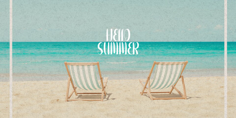 Abstract summer minimal horizontal poster, cover, banner, card with bright sea, blue sky and striped beach chairs. Summer holidays, journey, vacation travel illustration.