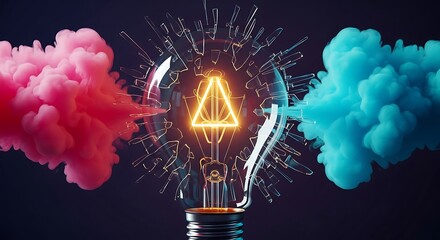 A creative lightbulb radiates ideas with geometric lines alongside vapor clouds of pink and blue.