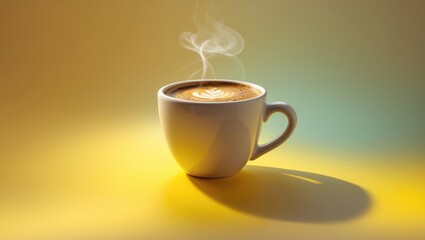 A hot cup of coffee with steam rising, placed on a yellow surface with a blurred yellow-green background.