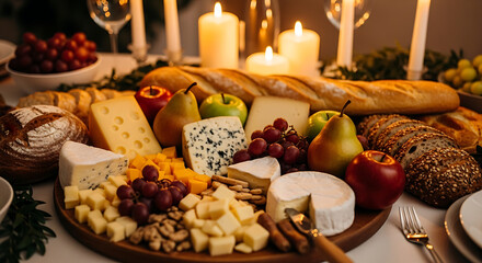 A luxurious cheese board centerpiece featuring an assortment of cheeses, fresh fruits like grapes, pears, and apples, and a variety of rustic breads, all illuminated by warm candlelight.