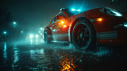 Firetruck Wheels Spin Through Rain at Night – High-Drama Rescue Vehicle in Motion for Safety Campaigns