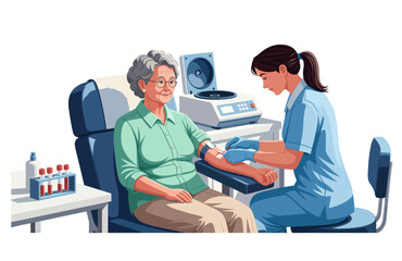 Illustration of a nurse taking a blood sample from a senior patient in an medical office setting. Blood sample collection from an elderly woman in a modern clinic. Geriatric Care concept