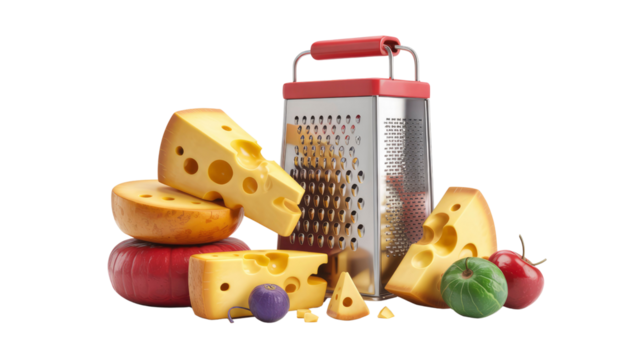 Delicious Cheese Selection with Box Grater and Colorful Produce
