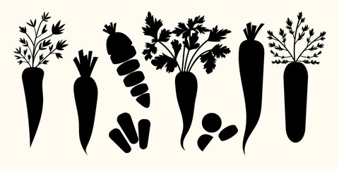 Carrots, set of silhouettes. Black vector clipart of vegetables. Ideal for stamps, stickers, prints and minimalist designs.