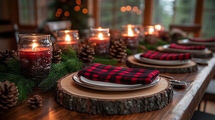 Cozy christmas dinner table setting with candles napkins and pine cones in warm light