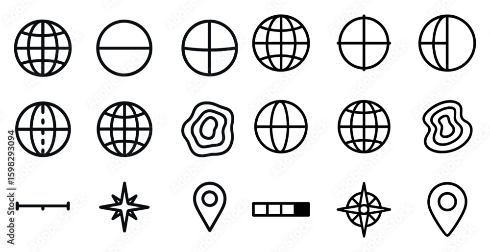 Poster geographic and navigation icons set – outline, linear, maps and location symbols