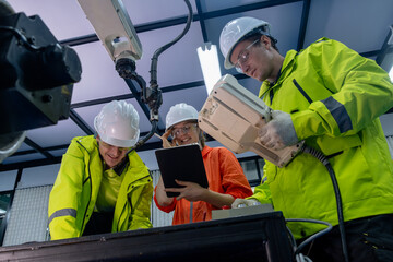 Engineers collaborate on robotic technology in a modern workshop during a training session