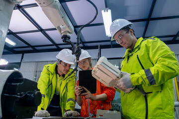 Engineers collaborating in a modern manufacturing facility during a project review meeting at midday