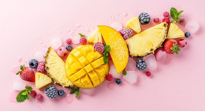 A refreshing assortment of fresh and frozen fruits, including sliced mango, pineapple, strawberries, and various berries, scattered with ice cubes on a vibrant pink background.