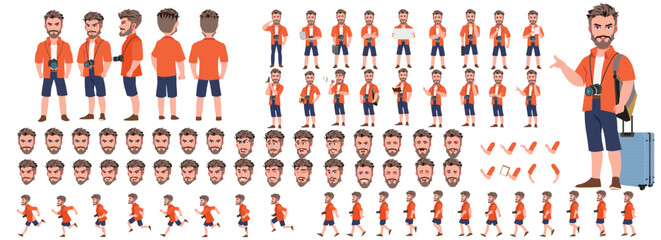 Traveler character model sheet, Character poses, expressions, Walk cycle, Run cycle animated character sequences.