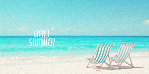 Abstract summer minimal horizontal poster, cover, banner, card with bright sea, blue sky and striped beach chairs. Summer holidays, journey, vacation travel illustration.