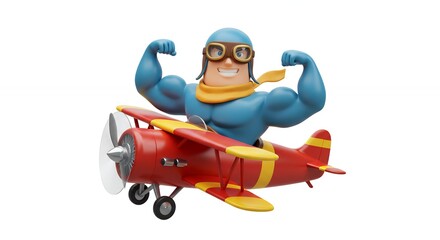 Cartoon pilot flying biplane illustration