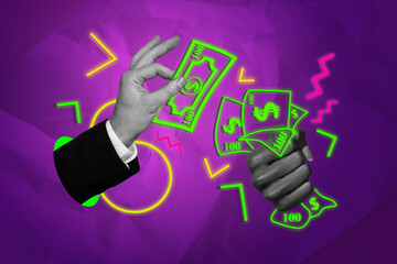 Banner full image artwork pop collage of hands hold dollar banknote neon payment finance capital profit bonus bank transaction