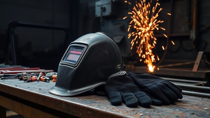 A welding helmet and gloves on a metal table with sparks flying in the background in a workshop
