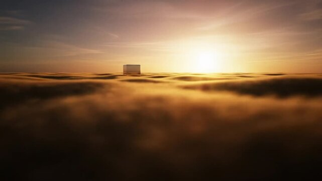 A smooth metallic cube floating above a field of wheat that waves in slow motion without wind
