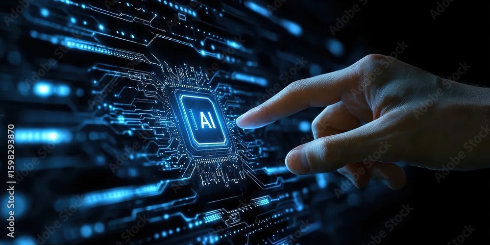 Aufkleber hand touching ai chip with text on screen against digital network and data flow diagram in virtual r