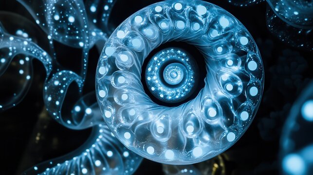 Abstract Spiral Design with Glowing Blue Lights and Swirling Shapes