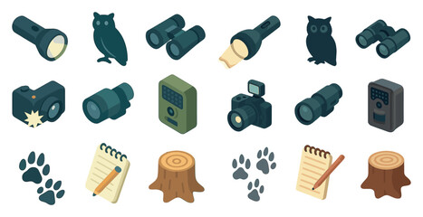 Camping and wildlife isometric icons set – adventure, nature, exploration symbols