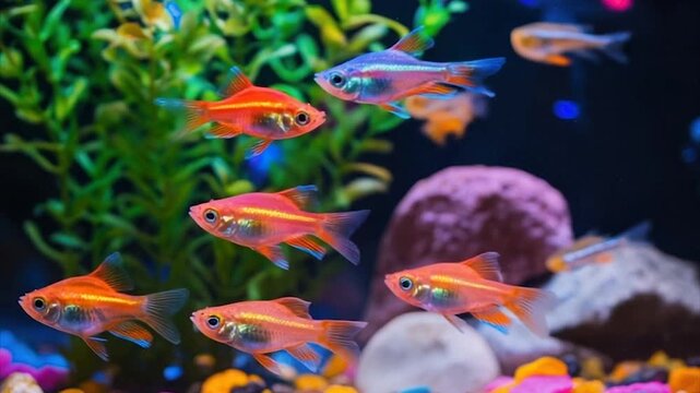Vibrant fish swim amidst colorful gravel and plants in a well-lit aquarium