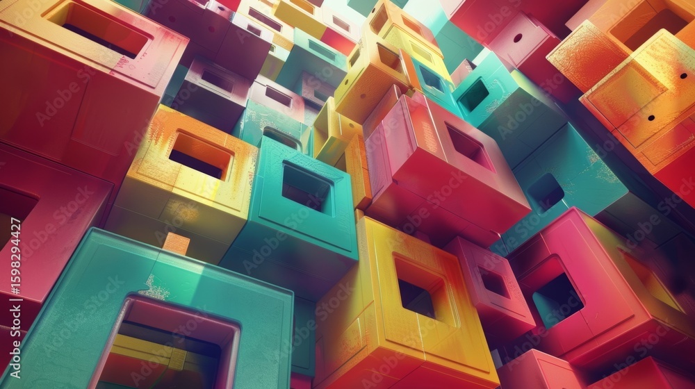 Poster a whimsical interpretation of stacked cubes with playful shapes and colors that seem to defy gravity