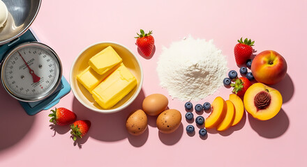 A vibrant flat lay of baking ingredients including flour, butter, eggs, peaches, strawberries, blueberries, and a kitchen scale, arranged on a pink background with ample copy space.