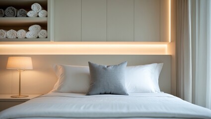 A neatly made bed with white pillows and a gray cushion in a modern bedroom with soft lighting and curtains.
