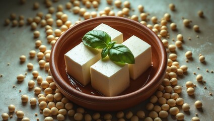 Fototapeta premium Blocks of tofu on a clay plate with a basil leaf, surrounded by soybeans.