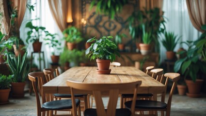 Fototapeta premium Indoor room with a wooden table, surrounded by chairs and lush green potted plants in the background.