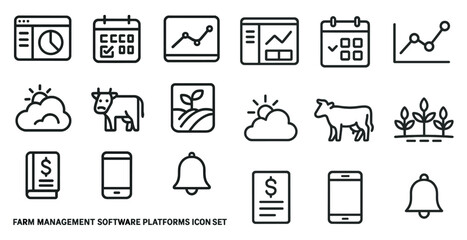 Farm management platforms icons set &ndash; line, outline, agriculture tools and symbols