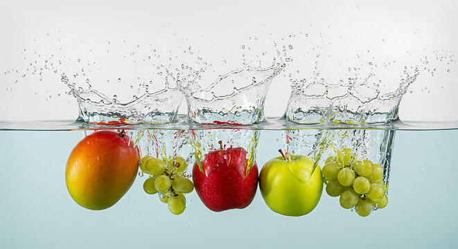 A variety of fresh fruits including a mango, a red apple, a green apple, and grapes are splashing into clear water, creating a vibrant, refreshing food scene.