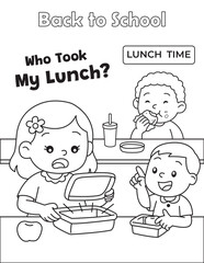 Funny school lunch scene with surprised kids in cafeteria. Great for back to school coloring and classroom icebreaker activity. Vector illustration.