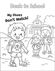 Silly back to school coloring page featuring mismatched shoes. Perfect for fun classroom activities and first week of school. Vector illustration.