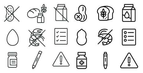 Food allergies outline icons set – linear, allergen, dietary symbols