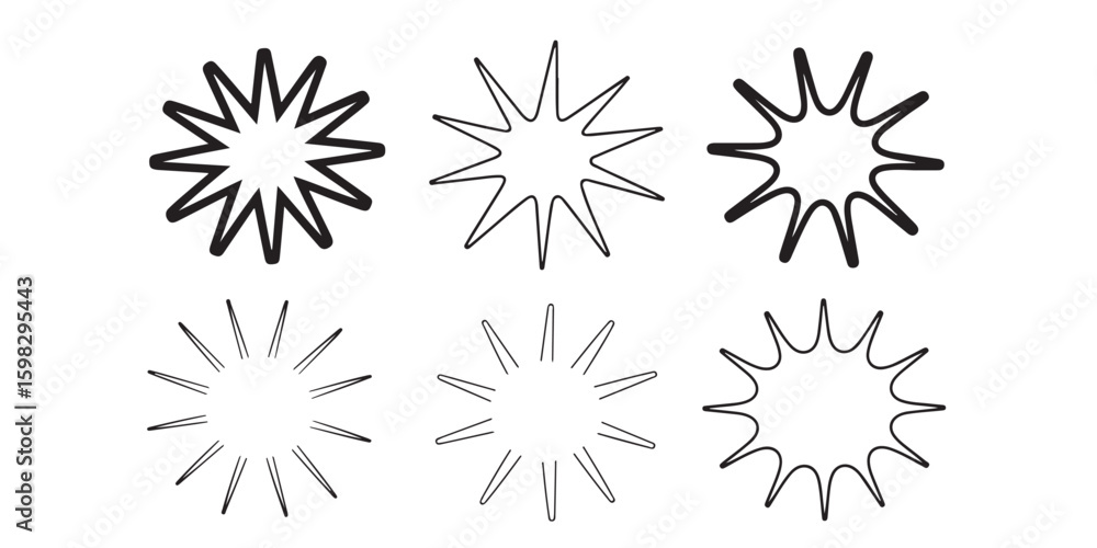 Poster a collection of six starburst shapes in varying line thicknesses and point styles on white backgroun
