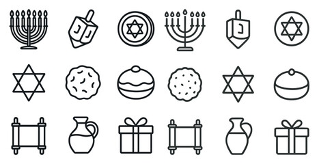 Hanukkah celebrations outline icons set – flat, silhouette, holiday symbols