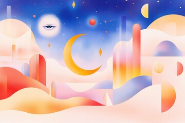 Surreal starry night design with moon and abstract landscape in vibrant colors