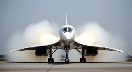 Dramatic front view of a Concorde supersonic airliner taking off with engine smoke