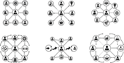 Vector art of illustrations of network connections and social structures represent global communication and organizational systems isolated on white background