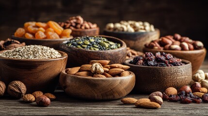 A variety of nuts, seeds, and dried fruits arranged in wooden bowls on a rustic background, showcasing healthy snacks.