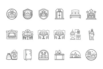 Set hotel service amenity outline icons building