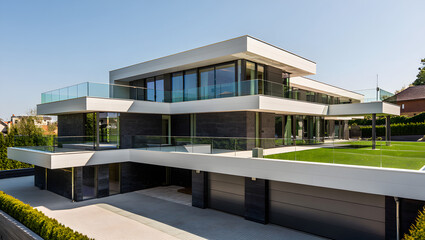 A modern house with balconies and a large garage entrance